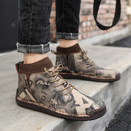 Men's Retro Print Casual Shoes Durable Lace Up Shoes